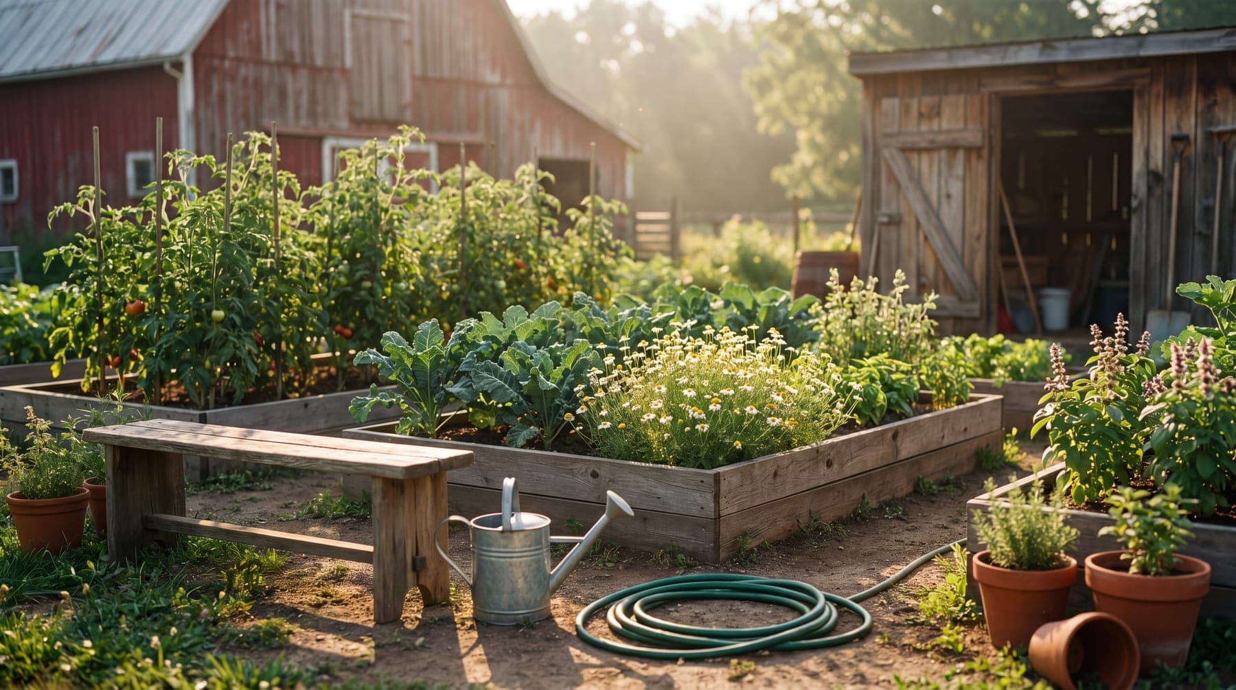 A peaceful raised-bed home garden in late June, golden-hour light on tomatoes, basil, and chamomile in bloom