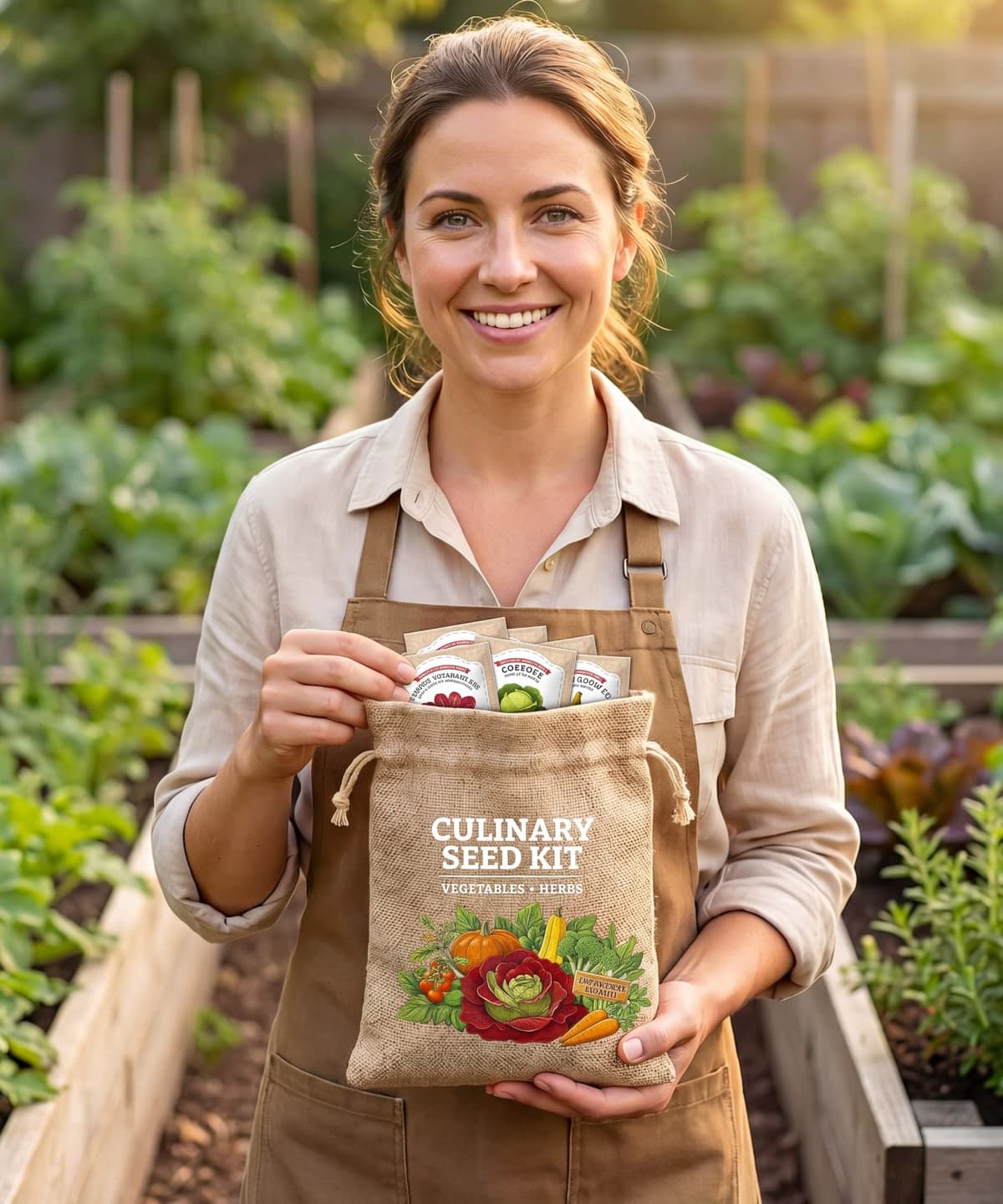 A gardener holding the Vimtoba Culinary Seed Kit burlap bag in a sunny raised-bed garden