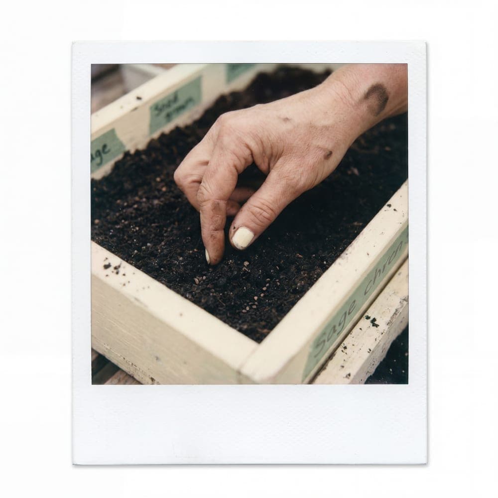 Heirloom seeds being placed into a wooden seed tray